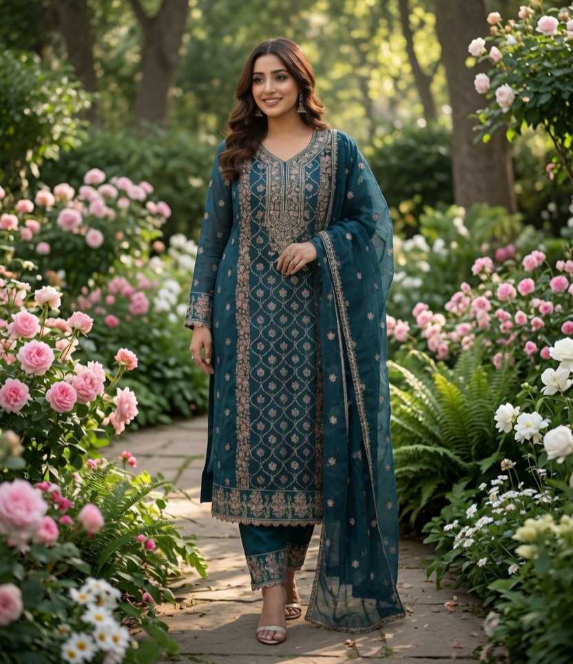 Teal Blue Graceful Embroidered Three-Piece Set