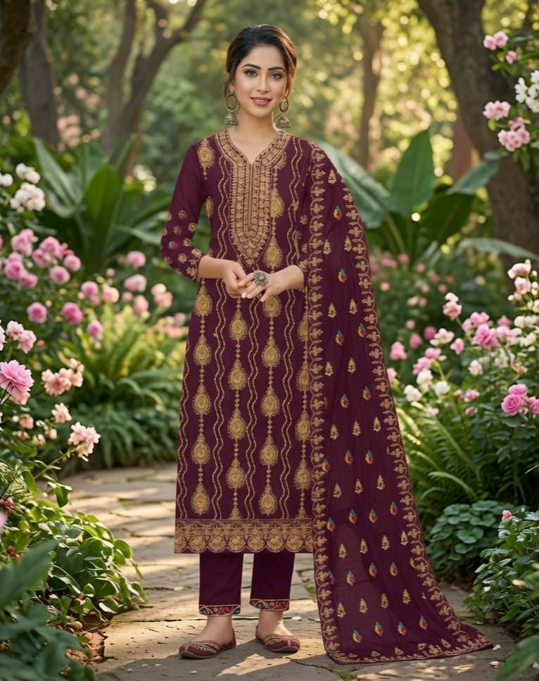 Divine Maroon Embroidered Three-Piece Set